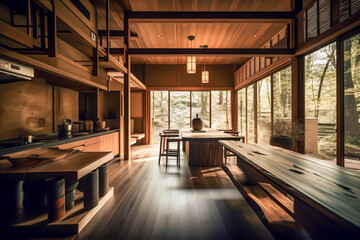 Traditional japanese tea room interior with tatami mats, sun light, japandi concept, japanese art and culture, generative ai