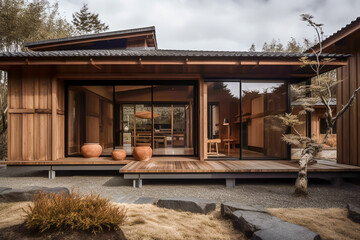 Traditional Japanese building architecture in historical Japanese old town, generative ai