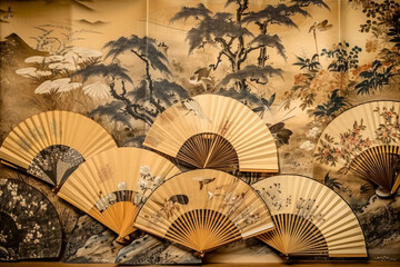 Japandi , japanese traditional art and culture, antique paints background, generative ai