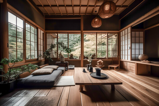 Traditional japanese tea room interior with tatami mats, sun light, japandi concept, japanese art and culture, generative ai