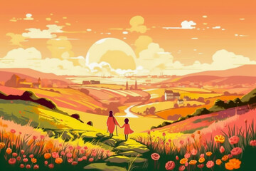 Landscape view for happy mother's day background. Mother and child illustration template for backdrop, generative ai