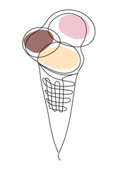 Ice cream in a cone in the style of one line. Three scoops of ice cream. Design for cafe restaurants, posters, flyers, menus.