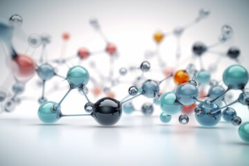 Glass molecules model. Reflective and refractive abstract molecular shape in white background, generative ai