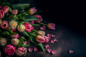 Spring flowers. mothers day background. special day, birthday, Bouquet of tulips, roses,. Present gift for Mother's day. copy space,