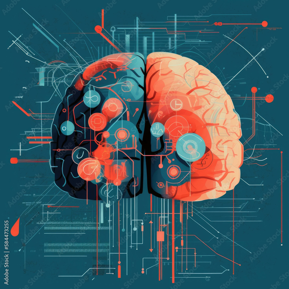 Poster a representation of ai that looks like a brain with words such as budgeting managing investing and y
