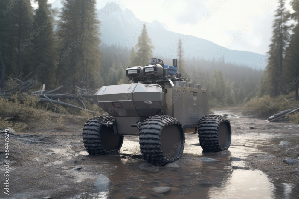 Poster a robotic vehicle equipped with an aipowered system and camera navigating through a natural disaster