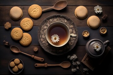 Fototapeta na wymiar biscuits on a wooden table with tea cups and teaspoon