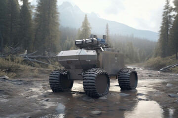 Fototapeta premium A robotic vehicle equipped with an AIpowered system and camera navigating through a natural disaster area delivering supplies to those . AI generation.