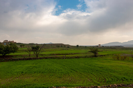 Spectacular views of the yemen landscape of Sana' mountain with peaks covered by clouds. the beauty of Yemen. Yemen tourism