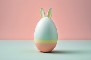 A colorful easter egg with a bunny ears on a pink background.