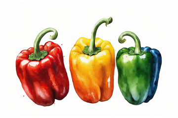 Three  colorful bell Peppers in a row watercolor, Generative AI