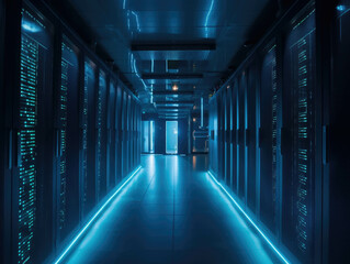 Fototapeta premium A data center lit up in an eerie blue light as AI scans for anomalies and unknown threats. . AI generation.
