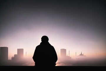 Fototapeta premium Muslim praying in a mystical environment, silhouette photo, no face visible, generative ai, color grading, islam religion concept photo