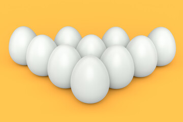 Group farm raw organic white chicken eggs standing in line or queue