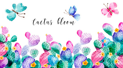 Fototapeta premium Blooming bright cacti and butterflies. Beautiful bright background for postcards and business cards. Painted by hand in watercolor. Copy spase.