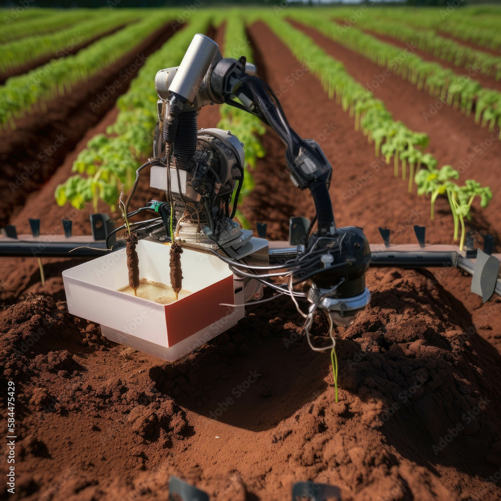 Aufkleber a robotic arm samples soil from different parts of a field to identify areas of nutrient deficiency.