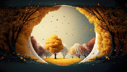Generative AI illustration of colorful autumn trees with round shaped frame