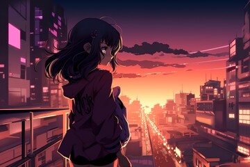 An anime girl looking at a cityscape