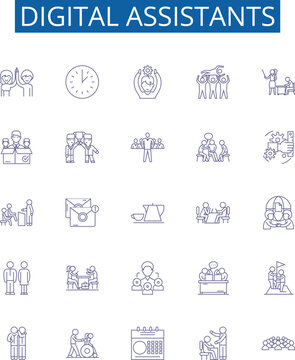 Digital assistants line icons signs set. Design collection of Virtual, Assistants, Digital, Siri, Alexa, Cortana, Bixby, Google outline concept vector illustrations