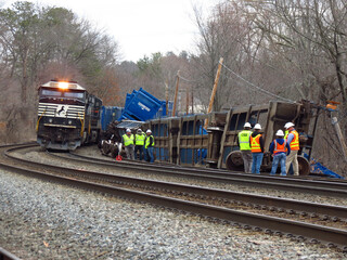 Ayer, Massachusetts/USA - 3/23/2023 - Norfolk Southern locomotives work to put together the rest of...