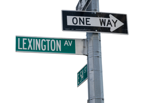 Lexington Avenue Street sign at Lexington and 54th Street in Manhattan with transparent background.