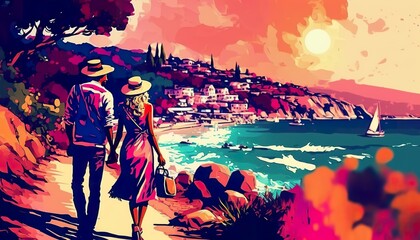 Obraz na płótnie Canvas Lovers walk along the embankment . Creative illustration. (Ai Generate)