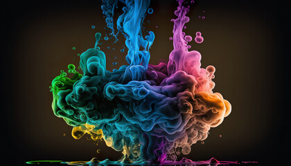 Color ink in water isolated rainbow paint splash smoke texture background. Multicolored liquid dye. 3D realistic illustration. Based on Generative AI