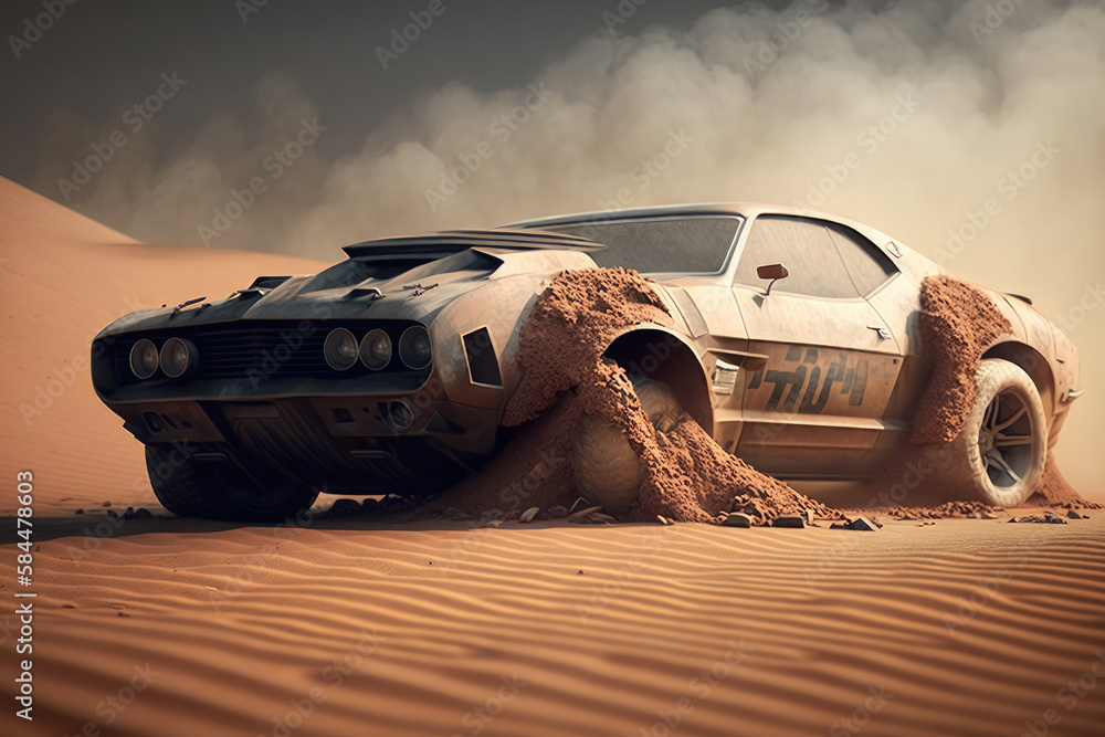 Wall mural a fast muscle car churns up sand in a desert created with generative ai technology.