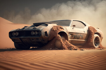 A fast muscle car churns up sand in a desert created with generative AI technology.