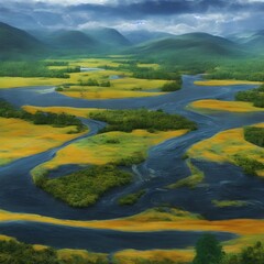 landscape with river and mountains generative ai