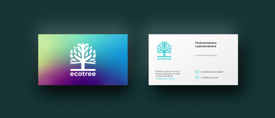 Visit card top view mockup with tree ornament logo and blue violet gradient background, mail and phone icons. Corporate identity ecological minimalistic style, natural gamma