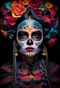 image created with artificial intelligence simulating a studio photograph of a beautiful young Mexican woman dressed as a catrina, an icon of Mexican culture associated with the Day of the Dead