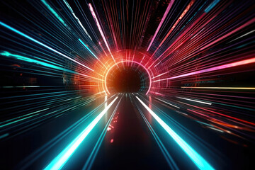 Obraz na płótnie Canvas Hyperspace Jump: Neon Rays and High-Speed Motion. Generative Ai