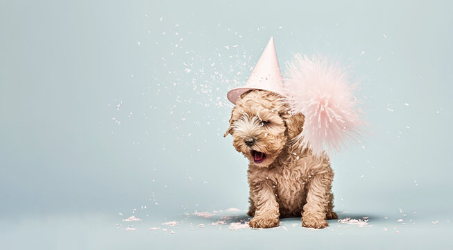 Cute little puppy in a party hat, portrait. Template for postcard, layout with copy space, print ready image. Concept of the holiday