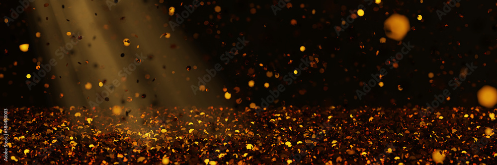 Wall mural gold glitter, shiny particles on black background with depth of field effect, 3d rendering