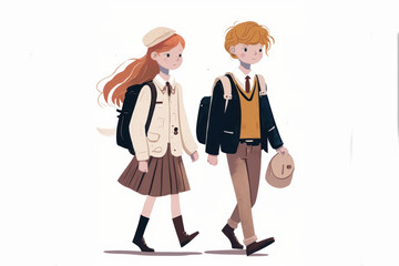 Illustration of a boy and girl returning from school with a white background