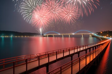 Fireworks celebration near the bridge, red colored sky, generative ai