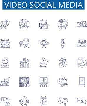 Video social media line icons signs set. Design collection of Vlogging, Streaming, StreamingLive, VideoSharing, Videoconferencing, Collaboration, Networking, Connecting outline concept vector