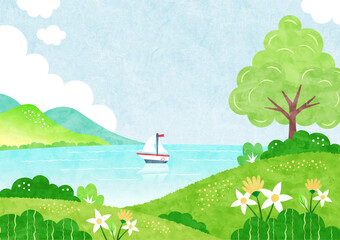 夏の海と野原の風景 自然あふれる水彩背景イラスト