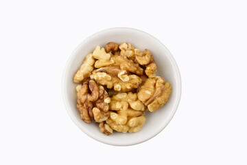 Top view of walnut in bowl isolated on white background with clipping path