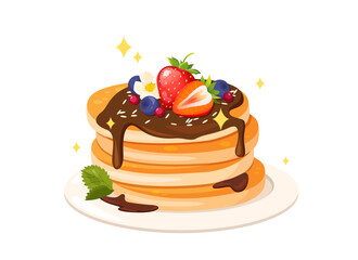 A plate of pancakes with chocolate, strawberries, and blueberry on a white background