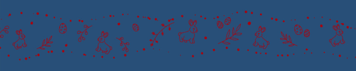 Vector. Cute hand drawn Easter horizontal background with bunnies, easter eggs. Festive background with Easter linear symbols. Copy space for text. Design cards, banners and other promotional items.