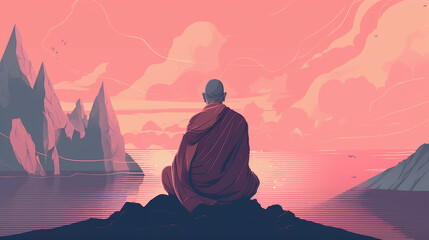 Transcendent Stillness: A Generative AI Depiction of a Monk Meditating into Mind Realms in Minimal Lo-fi Vector Style.