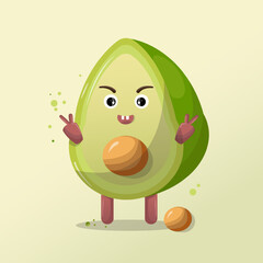 Vector illustration of a happy smiling avocado character with peaceful hands