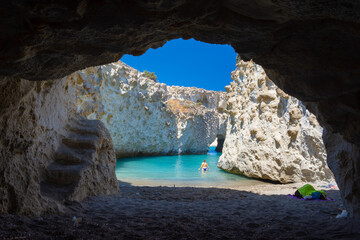 Cave of Papafragas beach in Milos island, Cyclades, Greece. - 584483256