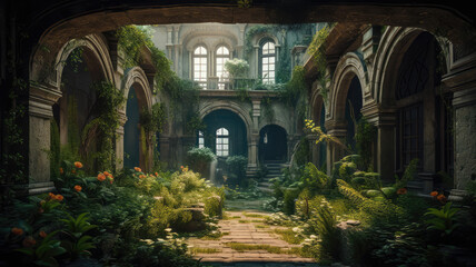 Fototapeta premium Generative AI Illustration of A Mystical Medieval Garden