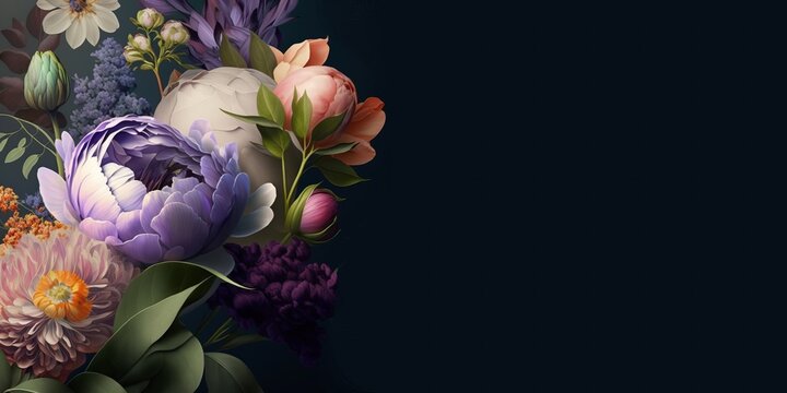 Romantic bouquet of pastel flowers on black background. For Birthday, Valentine's day greeting banner, card. Lilac and pink peonies, white cosmos and purple flowers. AI image. Copy space for text. 