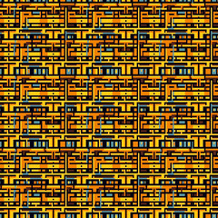 Yellow and black geometry abstract seamless pattern in the style of the 1970s and 1980. Generative Ai