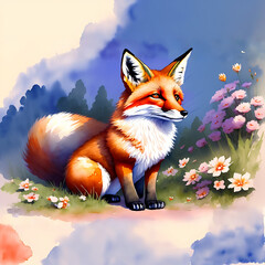 Fototapeta premium Watercolor painting of a Fox generative ai