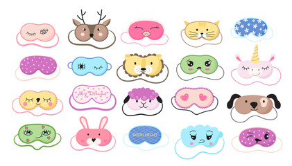 Cute masks for dreaming set vector. Rest relax accessories for night collection. Sleepy mask with eyes, animals face and smiles.